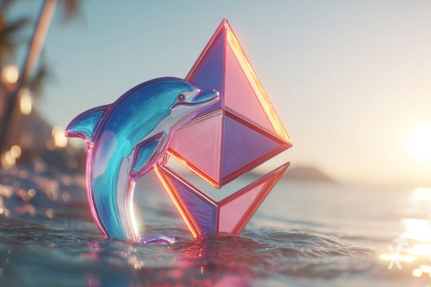 Un dauphin en verre à côté du logo Ethereum dans l'eau