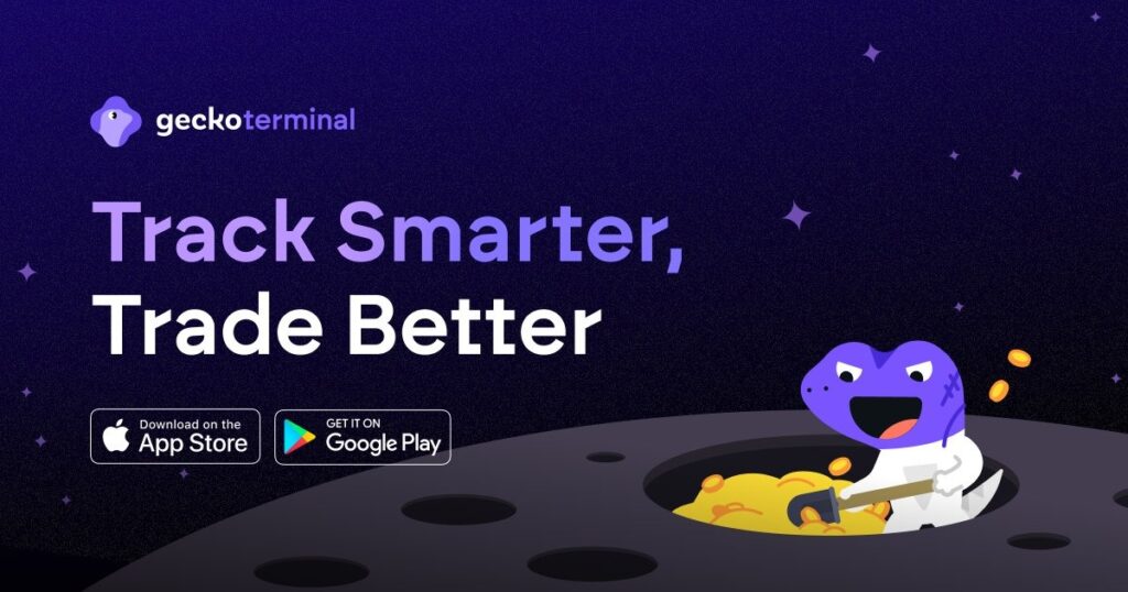 Une bannière promotionnelle de GeckoTerminal sur la lune avec les logos App Store et Google Play