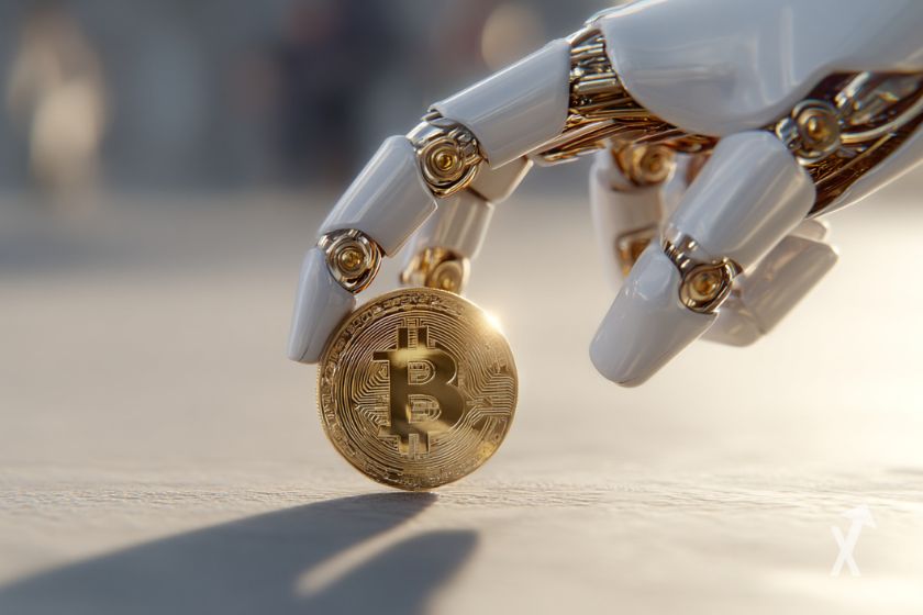 La main blanche d'un robot touchant une pièce de Bitcoin sur le sol