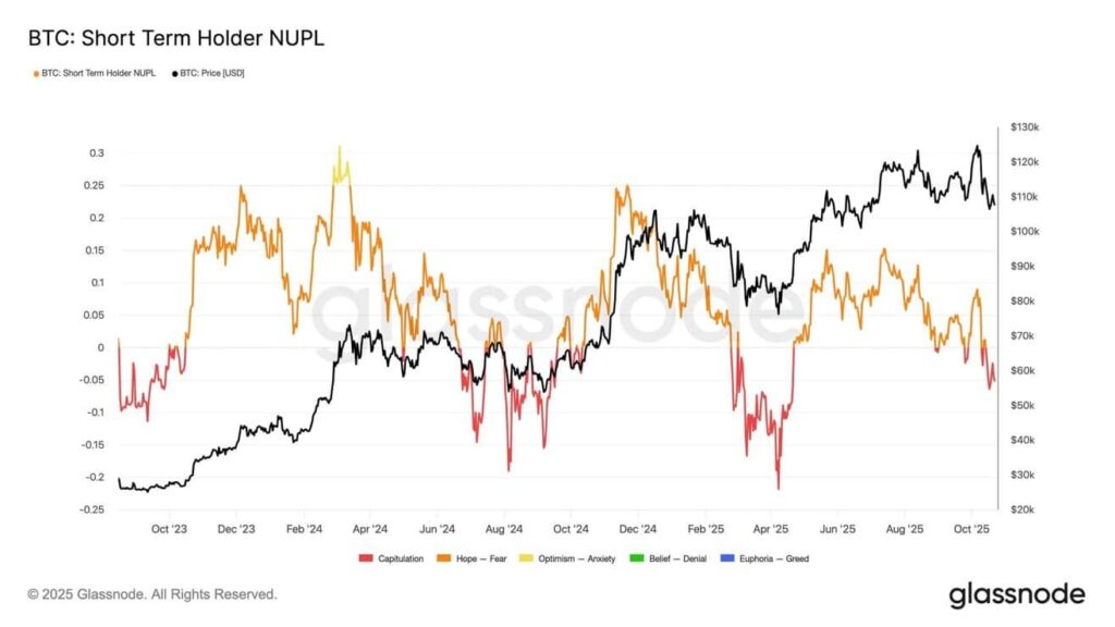 graphique du NUPL des Short term holders du Bitcoin