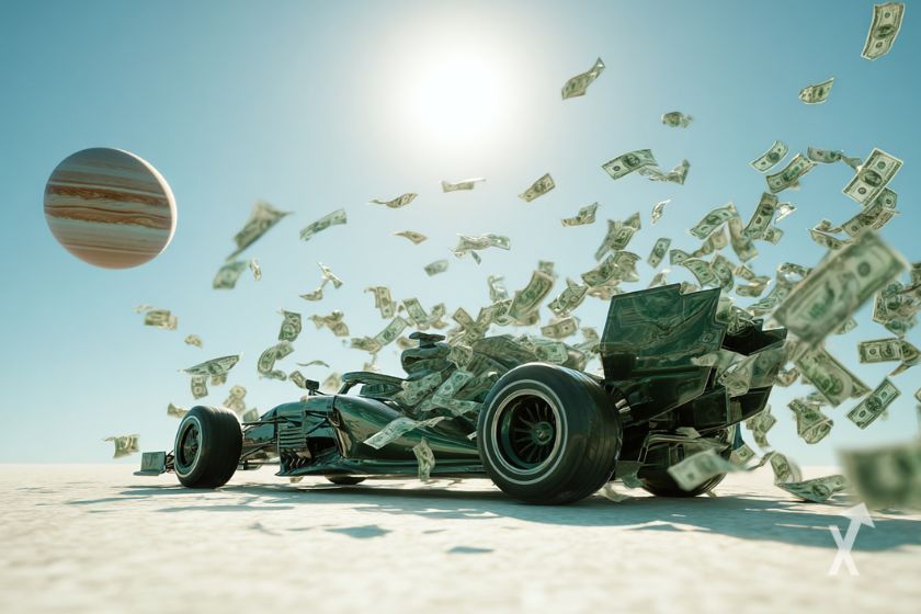 Une monoplace de Formule 1 entourée de billets volants se dirigeant vers la planète Jupiter