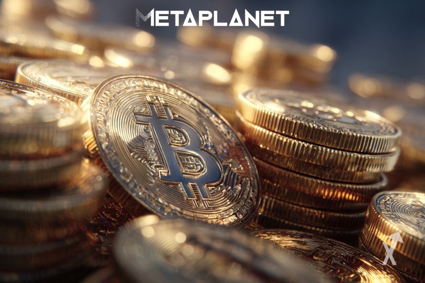 Des pièces de Bitcoin empilées et le logo Metaplanet en blanc au-dessus