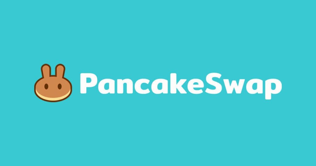 Une bannière avec le logo PancakeSwap et un fond bleu clair