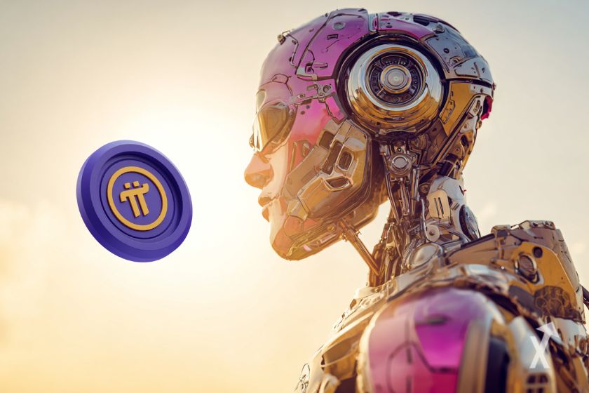 Un robot futuriste au soleil avec le token Pi Network en violet