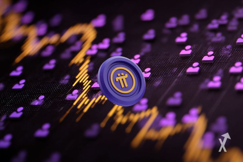 Des icônes d'utilisateurs violets, un graphique descendant et le logo Pi Network au centre