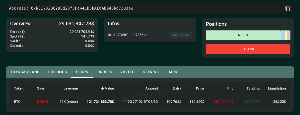 baleine d'hyperliquid qui parie sur le bitcoin à la baisse
