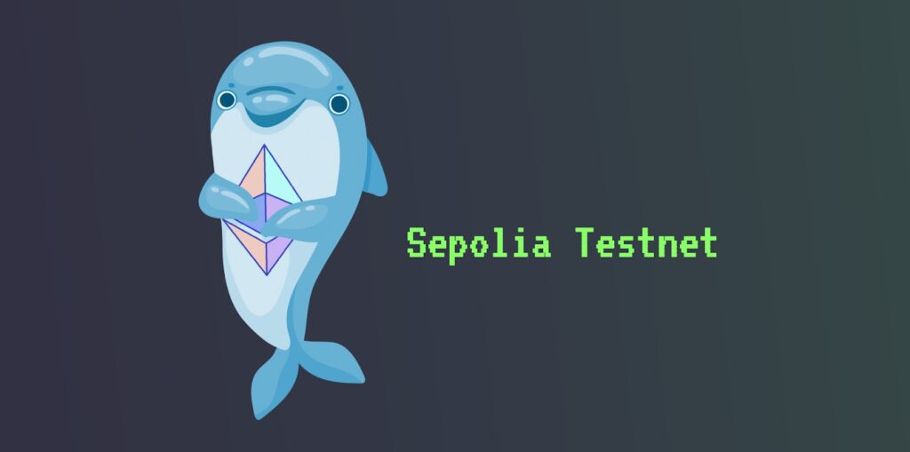 Le logo de Sepolia Testnet avec un dauphin et le logo Ethereum sur un fond gris
