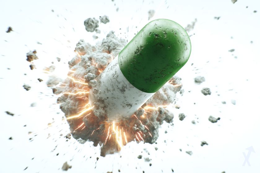 médicament blanc et vert symbolisant le token pump avec une explosion fumée blanche sur un fond blanc