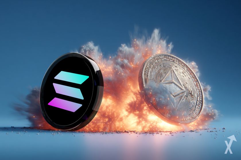 solana et ethereum en duel, explosion de fumée autour, fond bleu