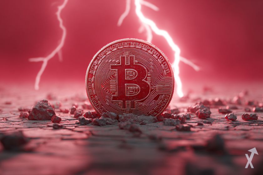 bitcoin rouge avec des éclairs, atmosphère dramatique
