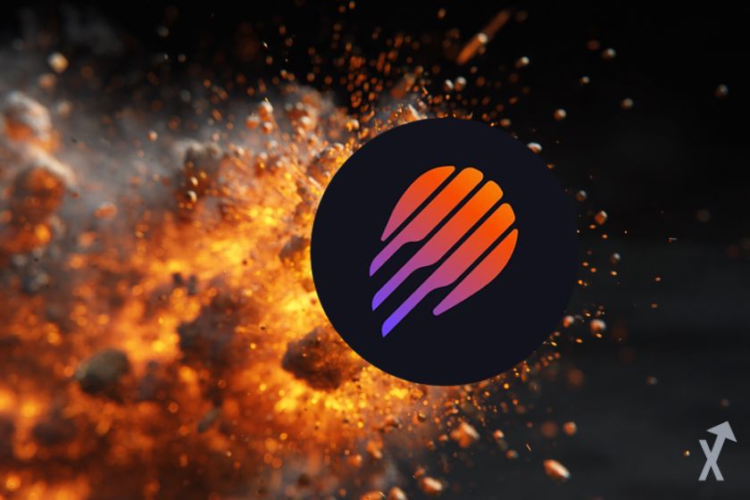 coin met meteora avec une explosion de lave orange lumineuse, fond noir