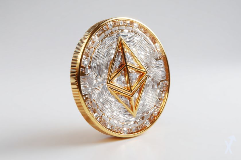 coin ethereum en diamant qui brille sur un fond gris