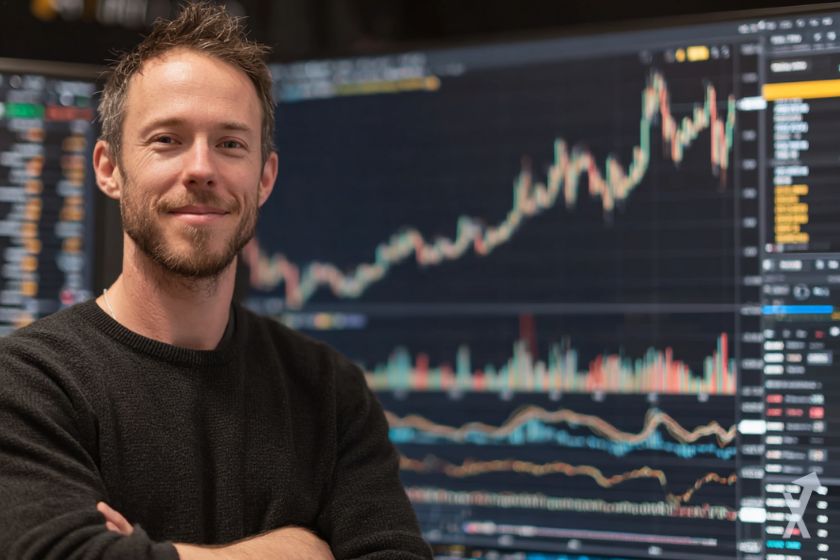 un influenceur crypto les bras croisés devant un graphique graphique crypto et altcoins