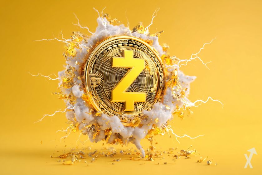 logo zcash en 3D, sur fond jaune, avec une explosion d'éclairs lumineux