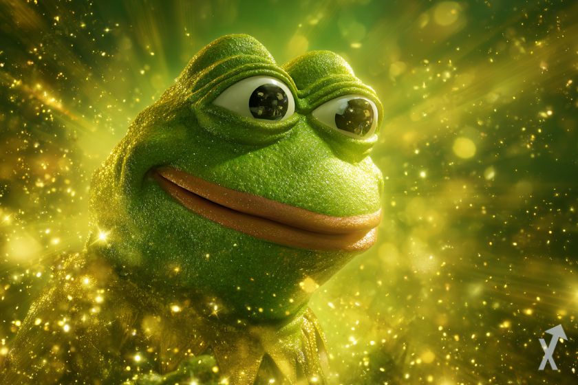 grenouillle verte souriante symbolisant le token PEPE, sur fond vert et explosion dorée