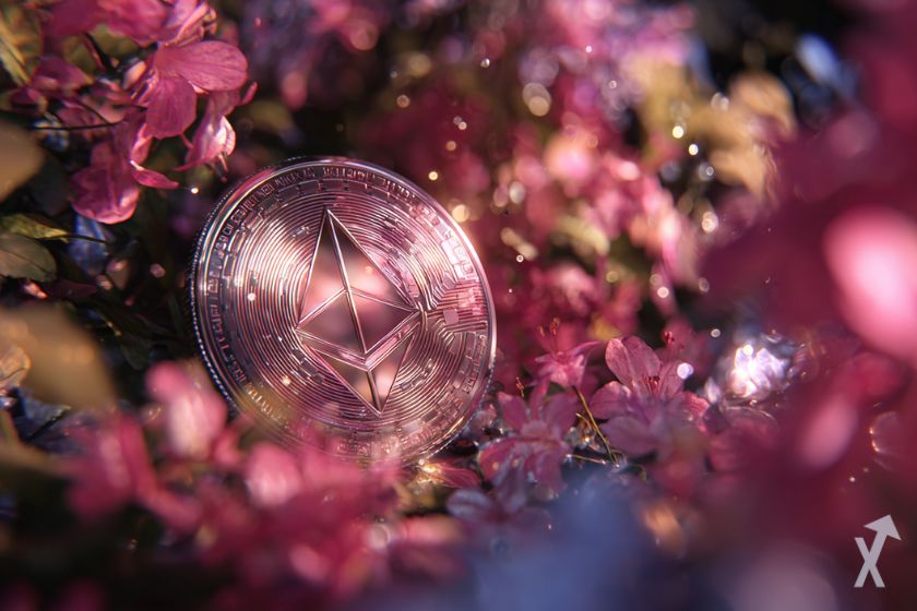 coin 3D ethereum rose, au milieu de fleurs roses, brillant et scintillant