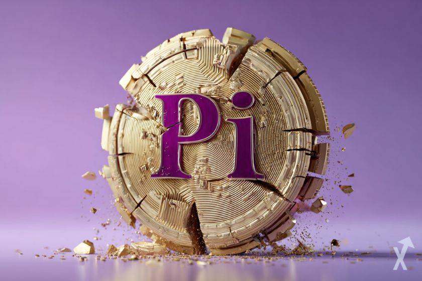 coin 3D du pi network avec des cassures sur fond violet