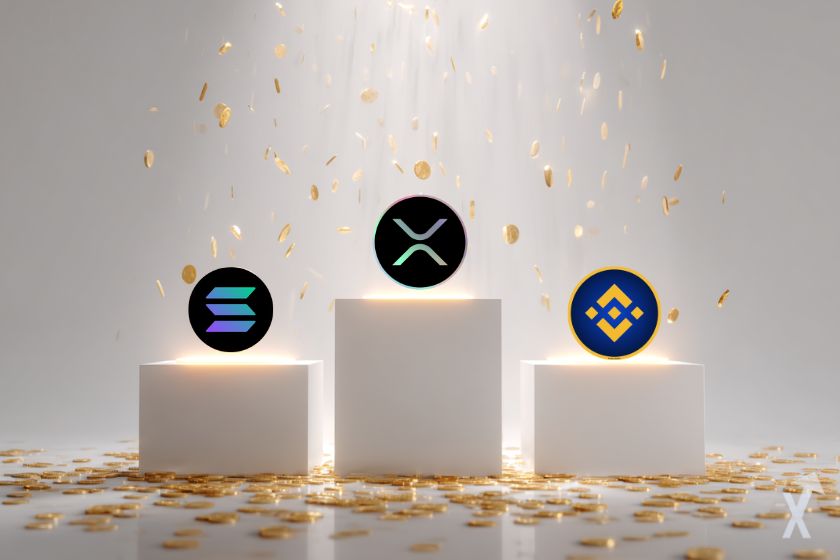 podium lumineux avec une pluie de cryptomonnaies, avec 3 cryptos : solana, xrp et bnb, sur un fond blanc