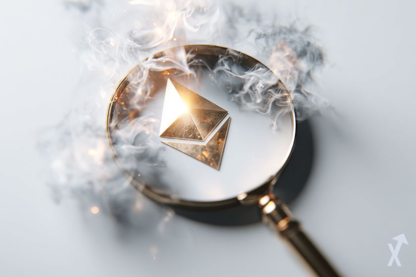 coin 3D ethereum scintillant, avec une loupe et de la fumée, sur un fond gris