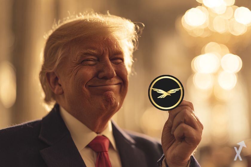 donald trump tout sourire tenant sa crypto wlfi dans la main, dans un environnement lumineux