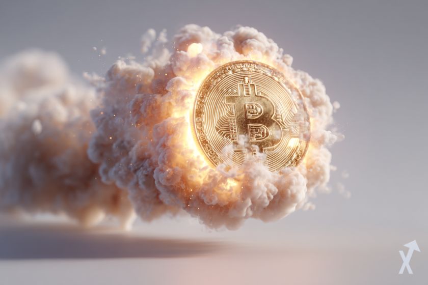 un coin 3D BTC lumineux, rempli de fumée explosive, sur un fond gris