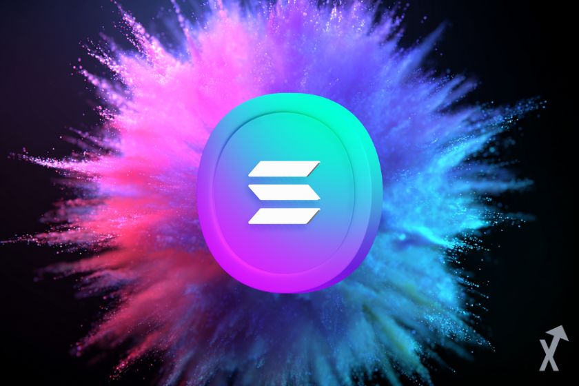logo solana entouré d'une explosion lumineuse et colorée