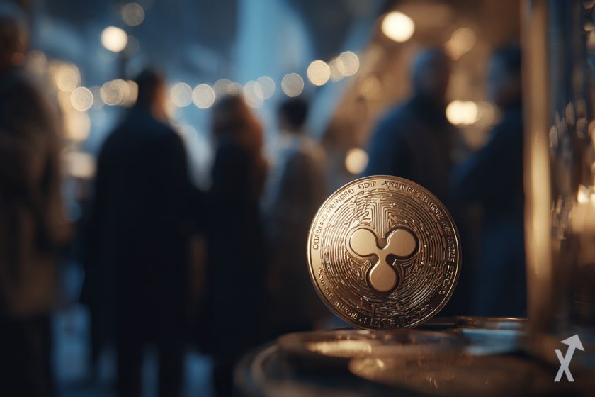 logo ripple xrp brillant, au milieu d'un événement avec plusieurs personnes en fond