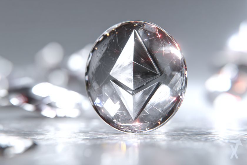 coin 3D ethereum lumineux sous forme de diamant dans un environnement gris pétillant