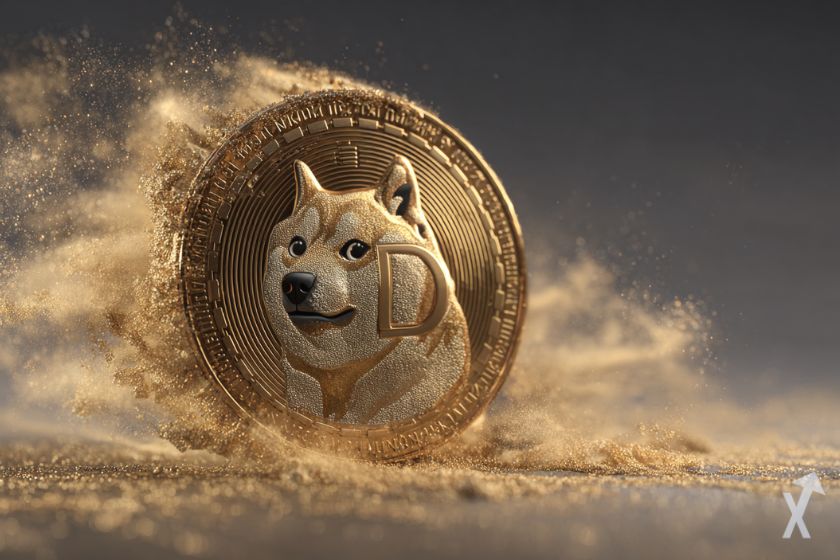 coin 3D du dogecoin doge lumineux avec de la poussière doré autour