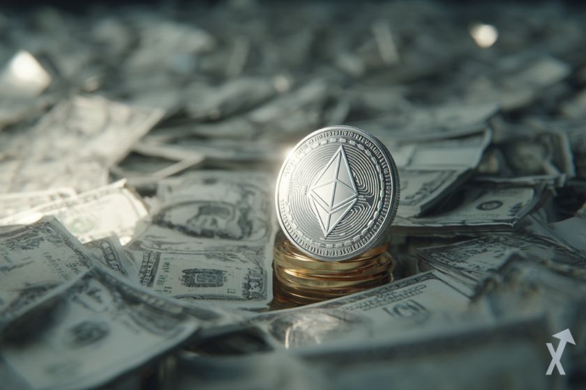 un coin 3D ethereum argenté au milieu d'une masse de billets de dollars