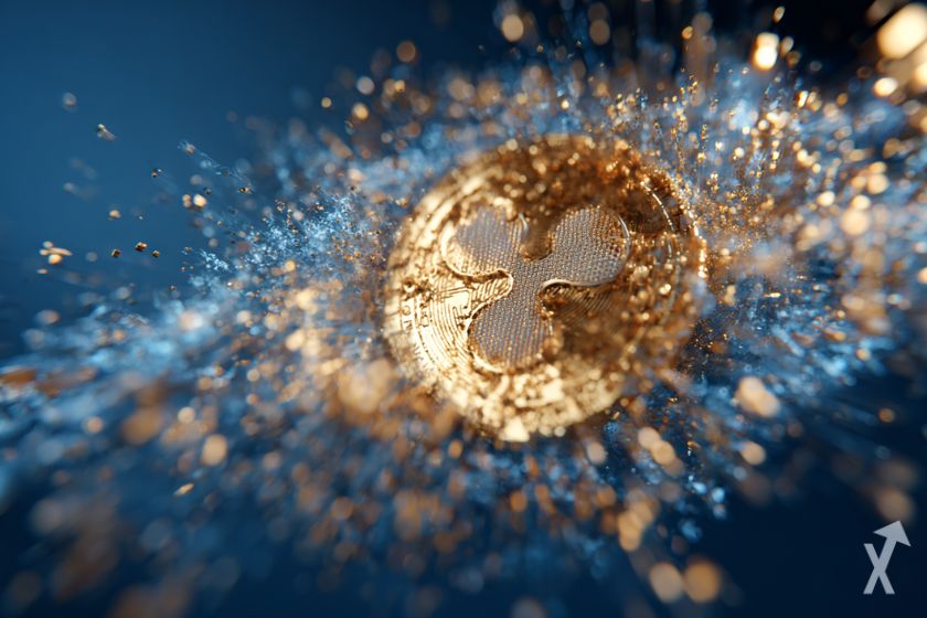 coin 3D ripple xrp dorée avec une explosion de lumière sur un fond bleu