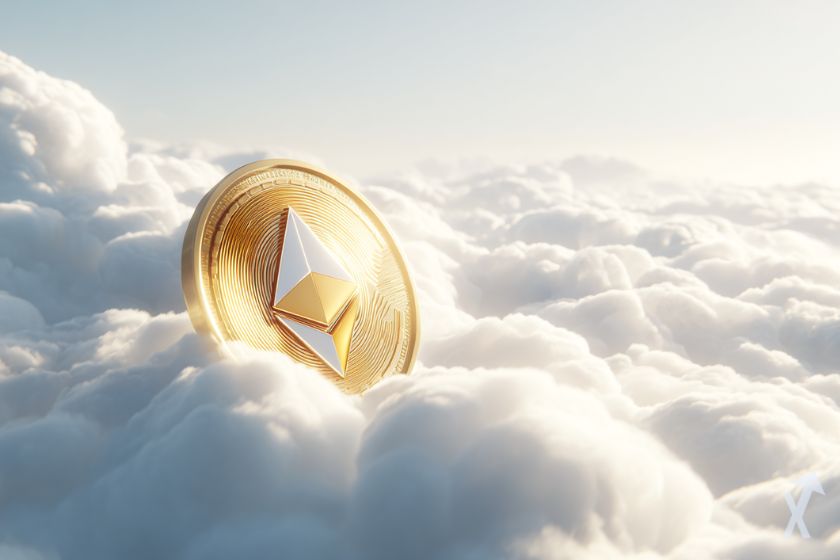 coin 3D ethereum brillant doré, sur des nuages, environnement imaginaire
