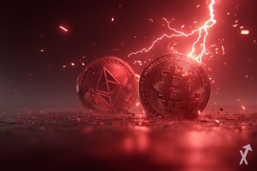 coin 3D ethereum et bitcoin dans une tempête rouge avec un éclair