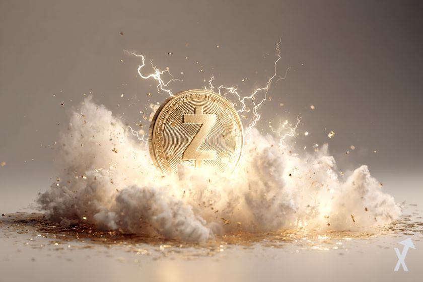 coin 3D zcash zec doré brillant, entouré d'une fumée blanche explosive et des éclairs sur fond gris