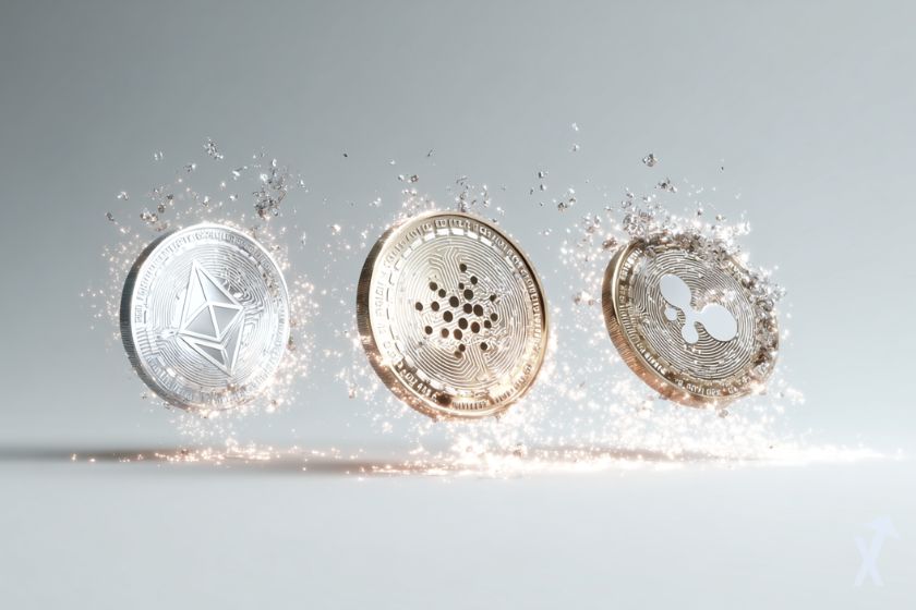 3 altcoins ethereum cardano xrp lumineux avec une explosion dorée sur fond gris