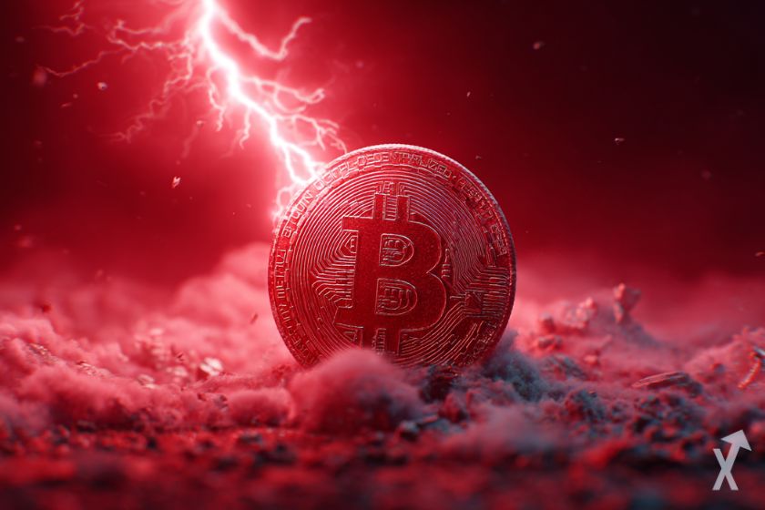 coin 3D bitcoin rouge avec des éclairs rouges dans la poussière
