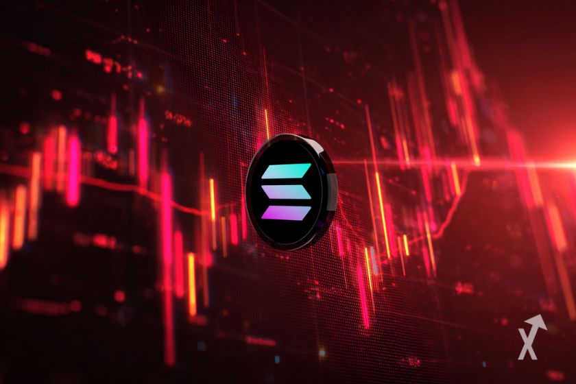Le token Solana en noir devant un graphique avec des bougies rouges