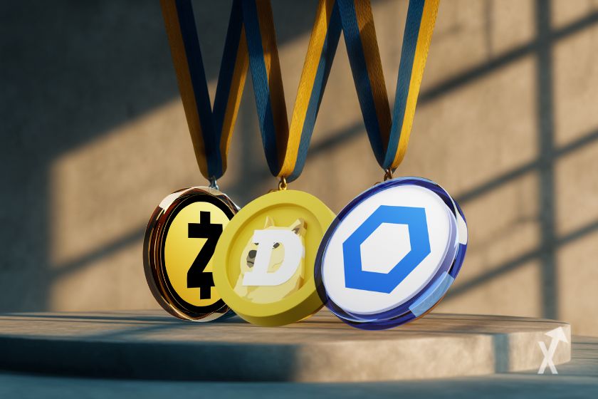 Les tokens des altcoins Zcash, Doge et LINK sous la forme de médailles