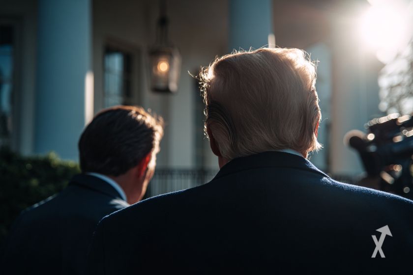 Donald Trump vu de dos avec un conseiller à sa gauche, devant une maison