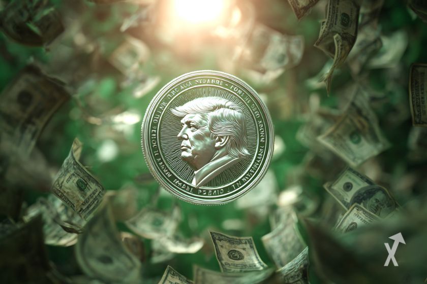 Une pièce en argent avec le visage de Donald Trump et plein de billets verts volants