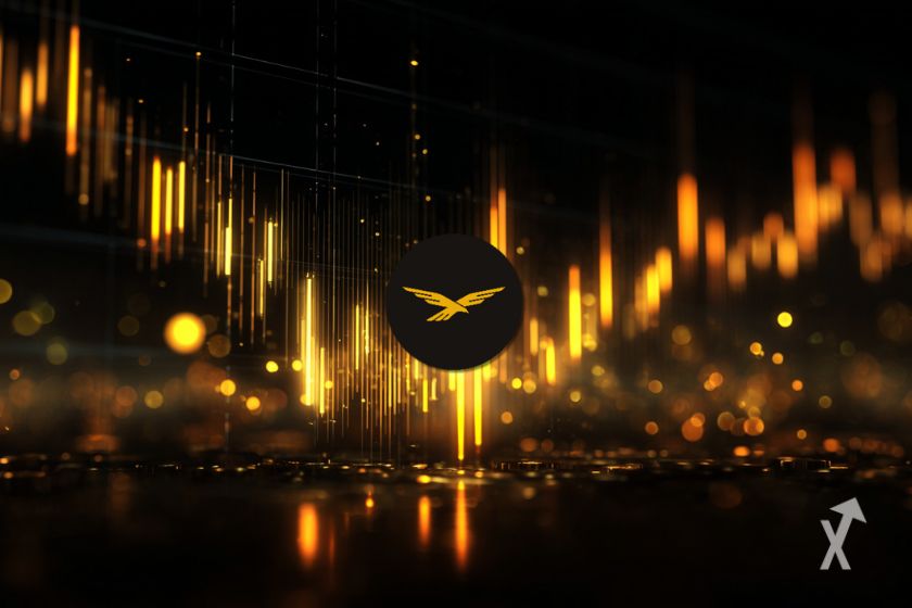 Le logo WLFI au centre sur un fond de graphique jaune et noir