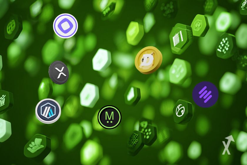 Une image avec un fond vert, des logos et des tokens d'altcoins