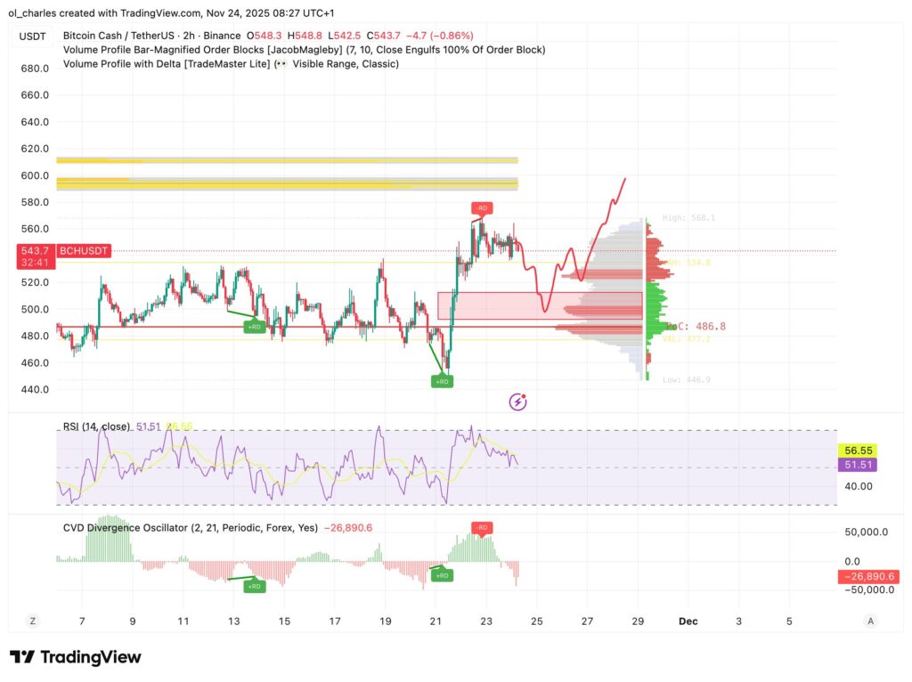 cours du BCH Bitcoin cash en 2 heures avec volume profile et RSI, Delta volume