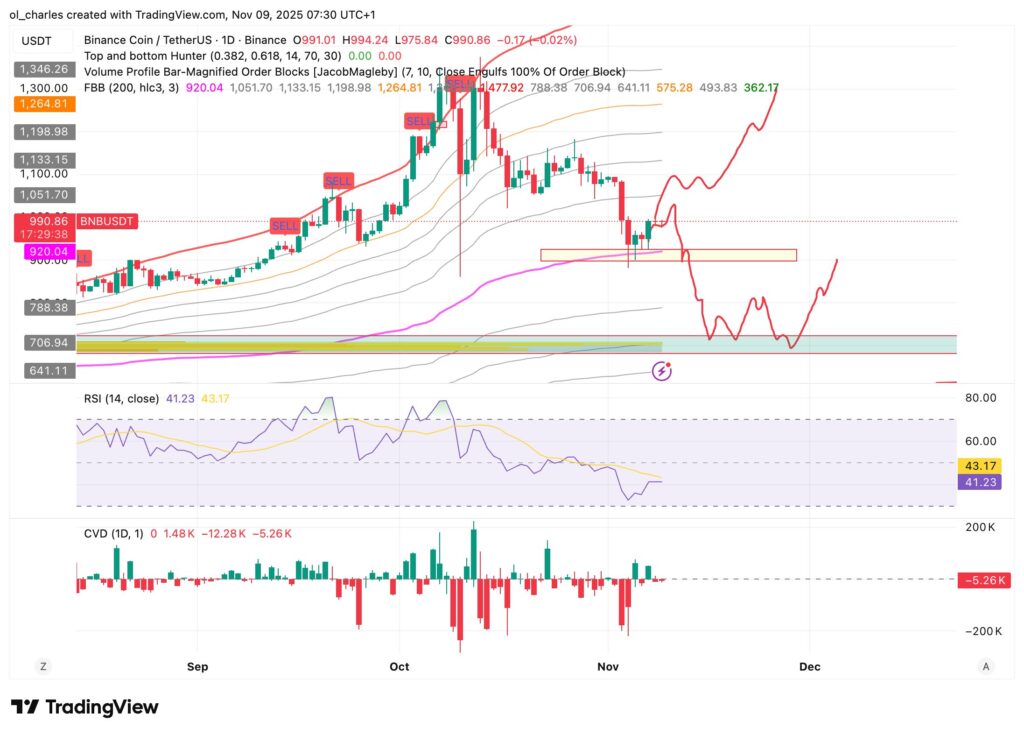 cours du BNB en 1 jours avec FBB et Order Blocks, RSI et Delta volume