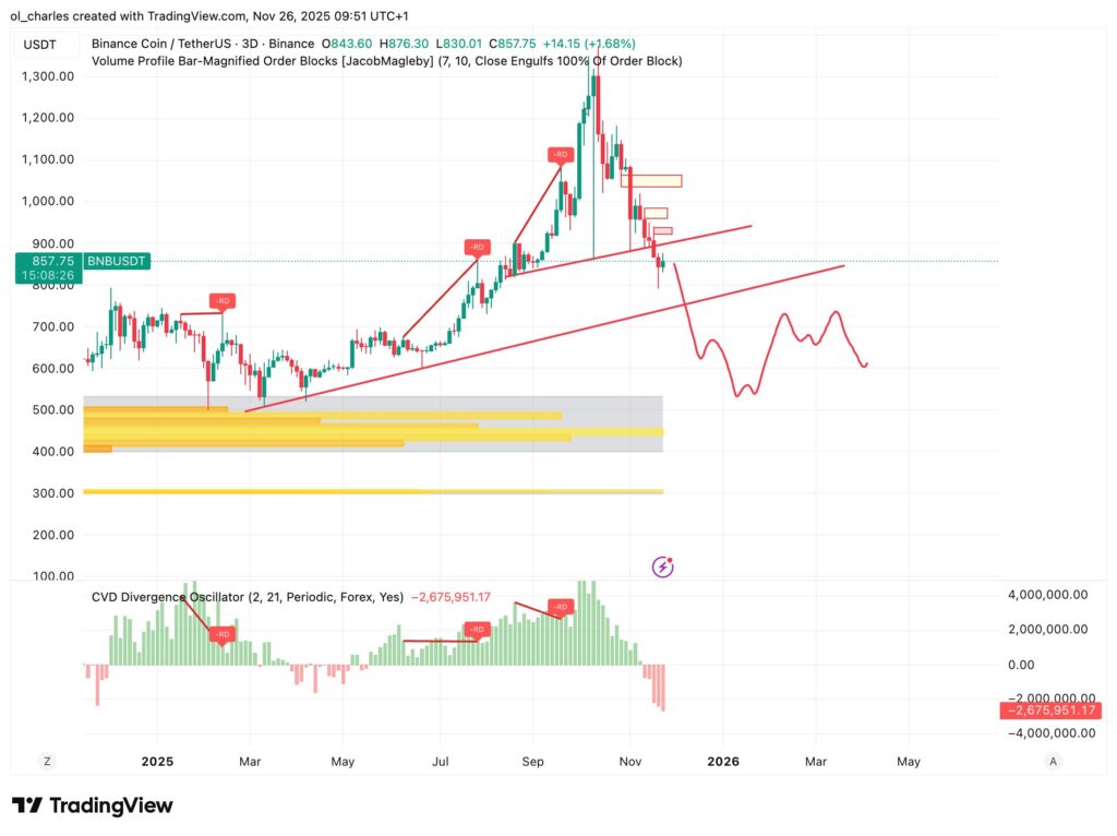 graphique du cours du BNB en 3 jours avec Order Blocks et CVD delta volume