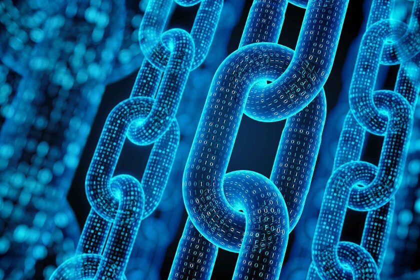 Des chaines bleues sur fond noir qui font penser à une blockchain