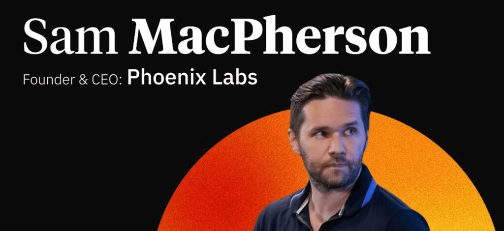 illustration montrant Sam MacPherson ceo de phoenix labs et SPK protocol, sur fond orange et noir les ecritures en blanc