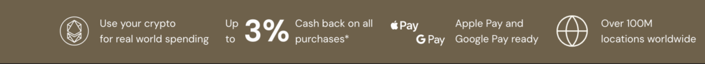 Bannière promotionnelle EtherFi montrant des icônes minimalistes blanc sur fond marron : une icône Ethereum pour illustrer l’usage de la crypto dans les dépenses quotidiennes, un texte indiquant 'Up to 3% cash back on all purchases', les logos Apple Pay et Google Pay signalant la compatibilité des paiements sans contact, et une icône globe représentant plus de 100 millions de points d’acceptation dans le monde