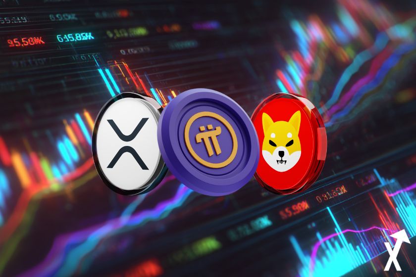 shiba xrp et pi coin sur fond trending charts colorés