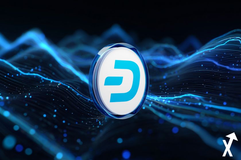 Dash coin bleu et blanc sur fond bleu clair et bleu foncé vague bleue